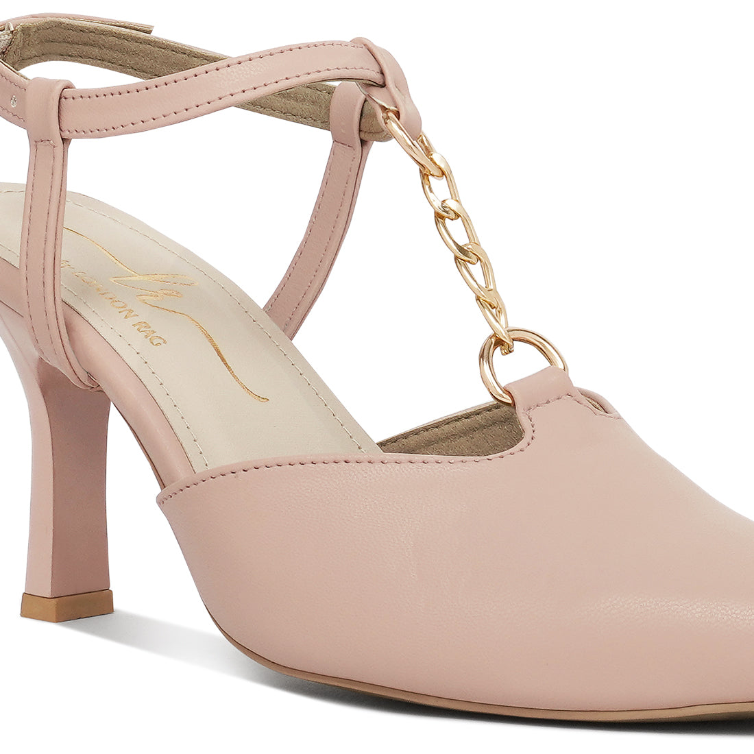 women metallic chain t strap sandals#color_nude