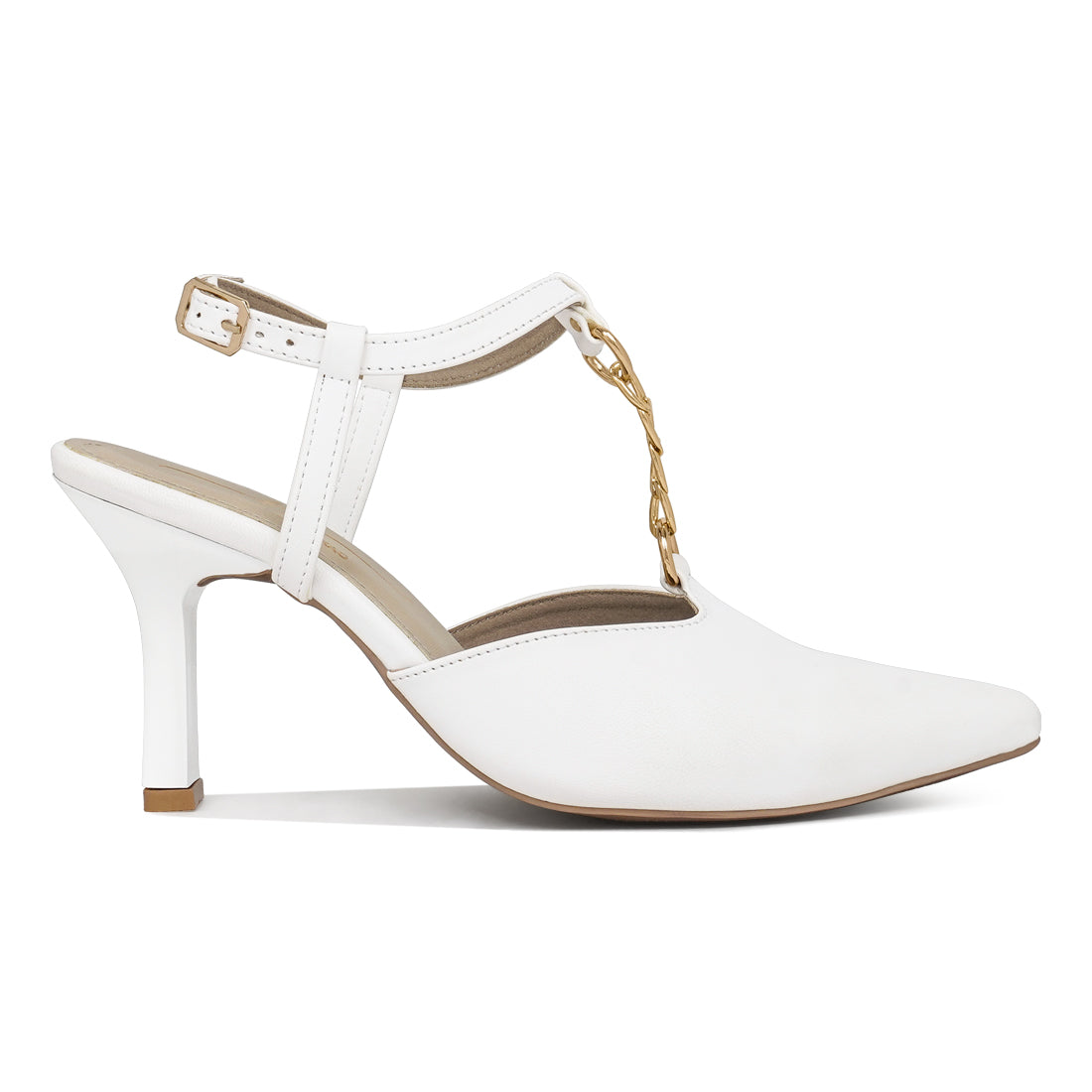 women metallic chain t strap sandals#color_white
