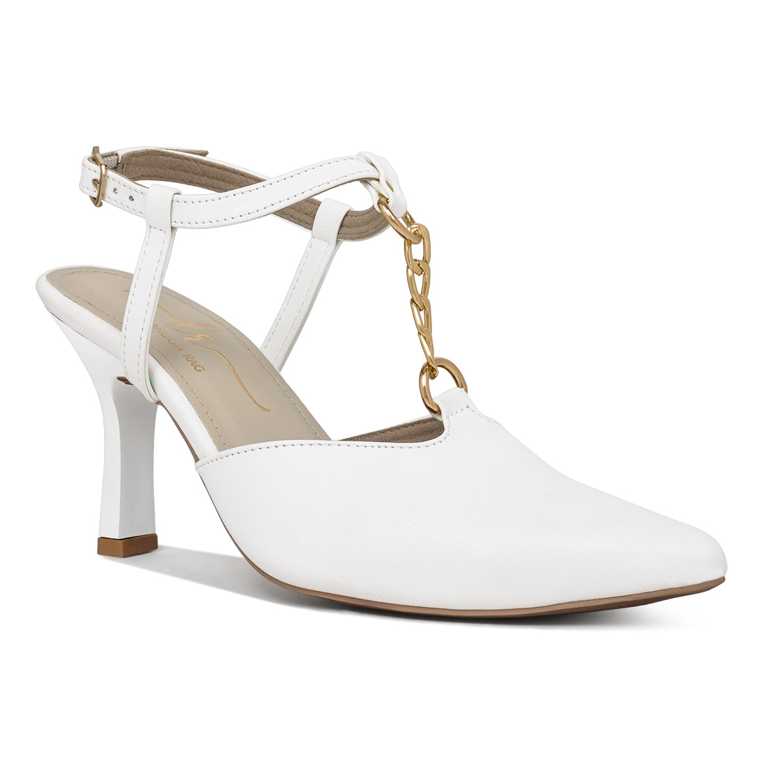 women metallic chain t strap sandals#color_white