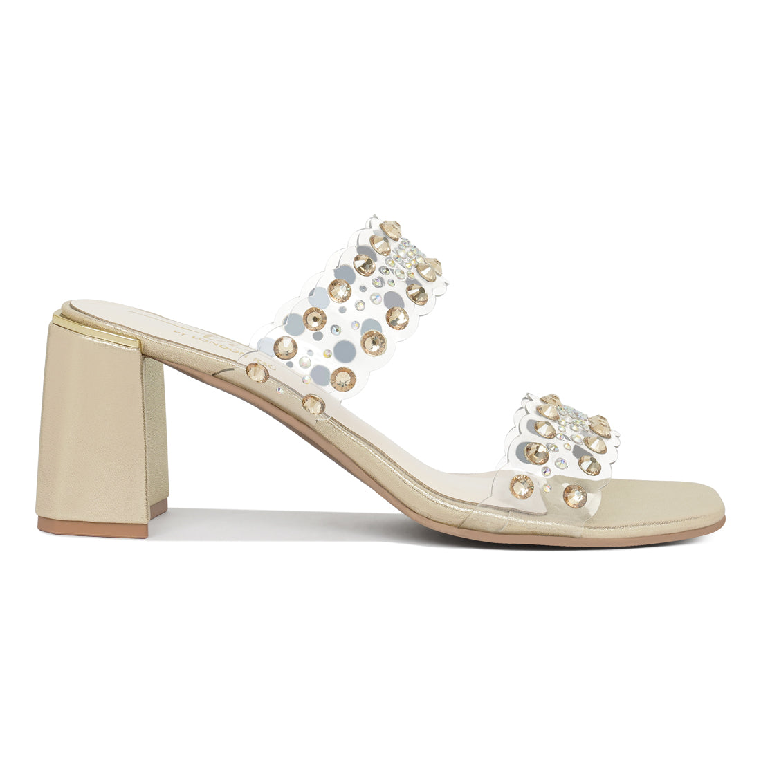 women metallic clear strap block heels#color_gold