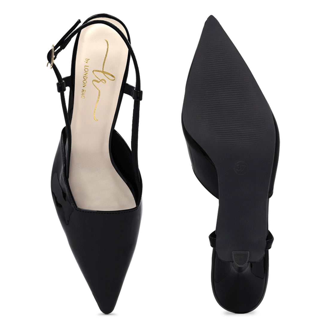 women patent faux leather slingback heels#color_black