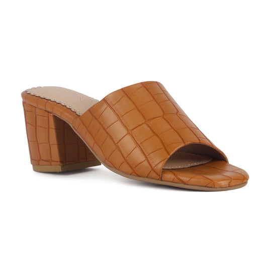 Tan Slip-On Block Heel Sandals