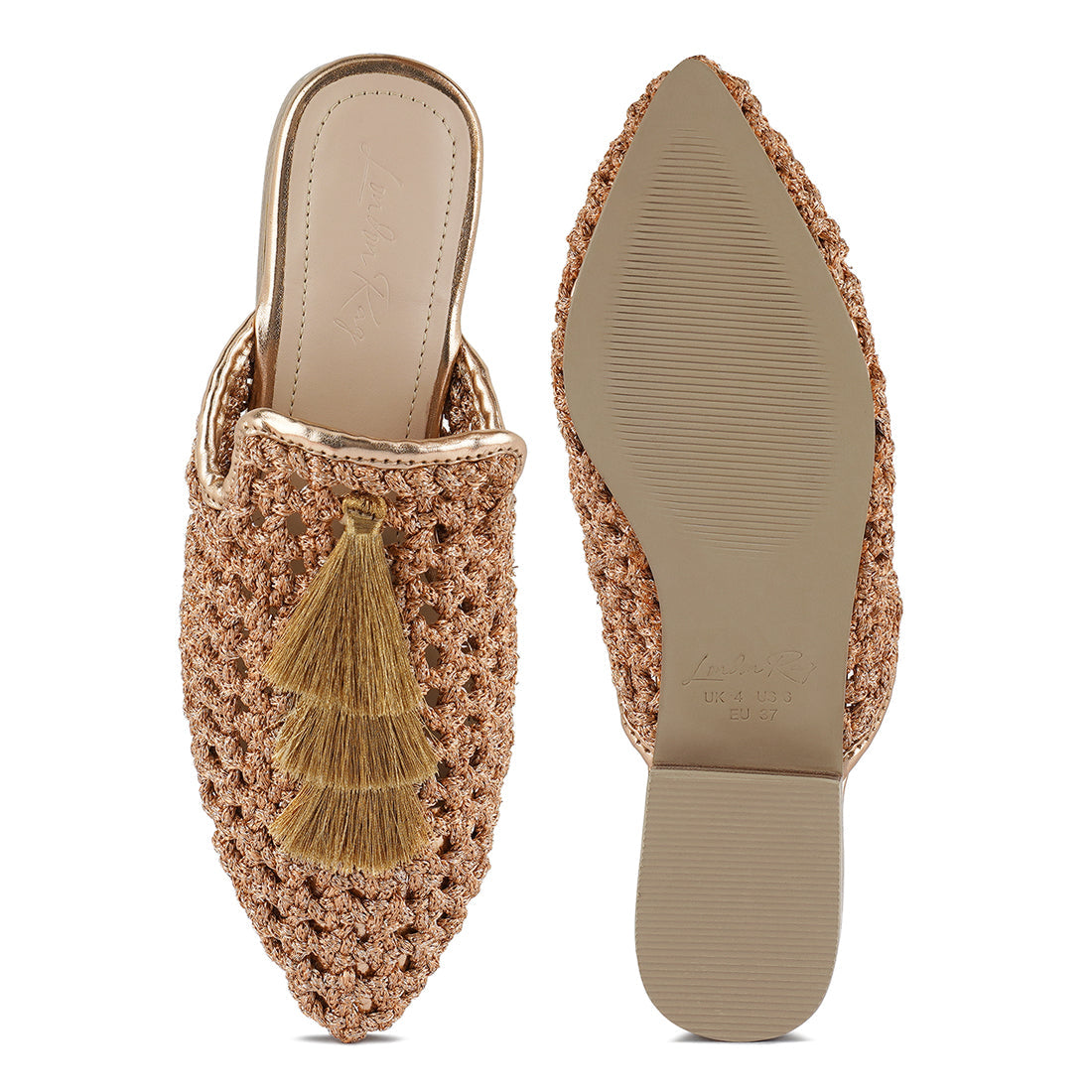 woven metallic tassel flat mules#color_bronze