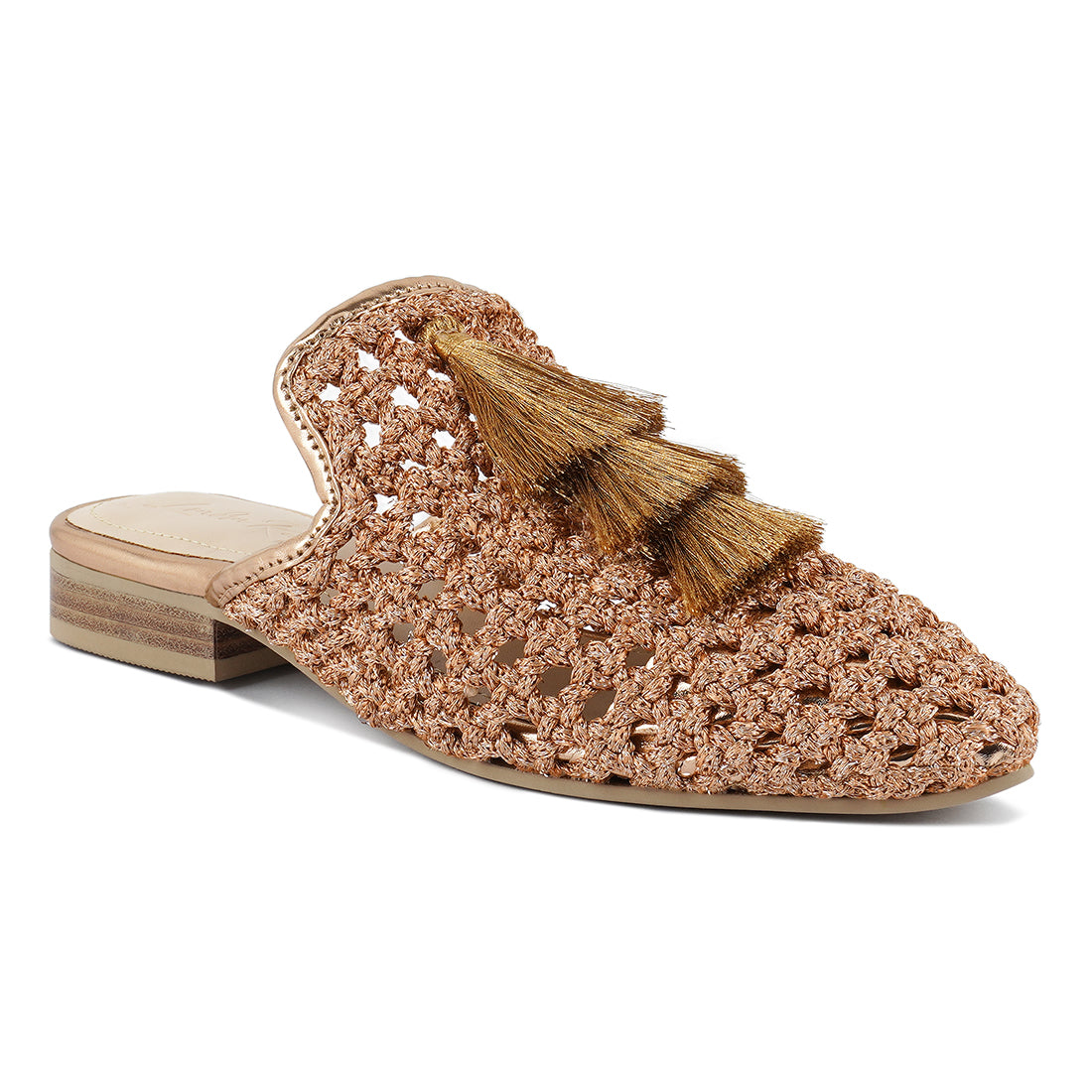 woven metallic tassel flat mules#color_bronze