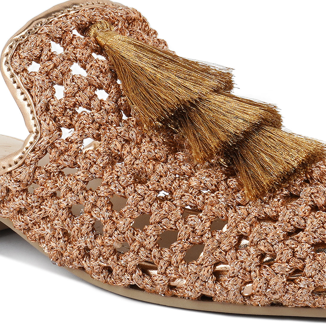 woven metallic tassel flat mules#color_bronze