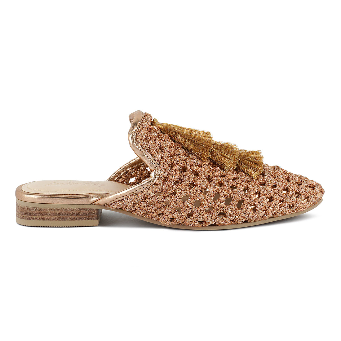 woven metallic tassel flat mules#color_bronze