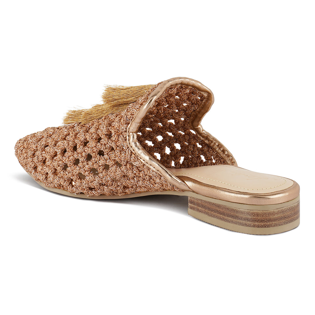 woven metallic tassel flat mules#color_bronze