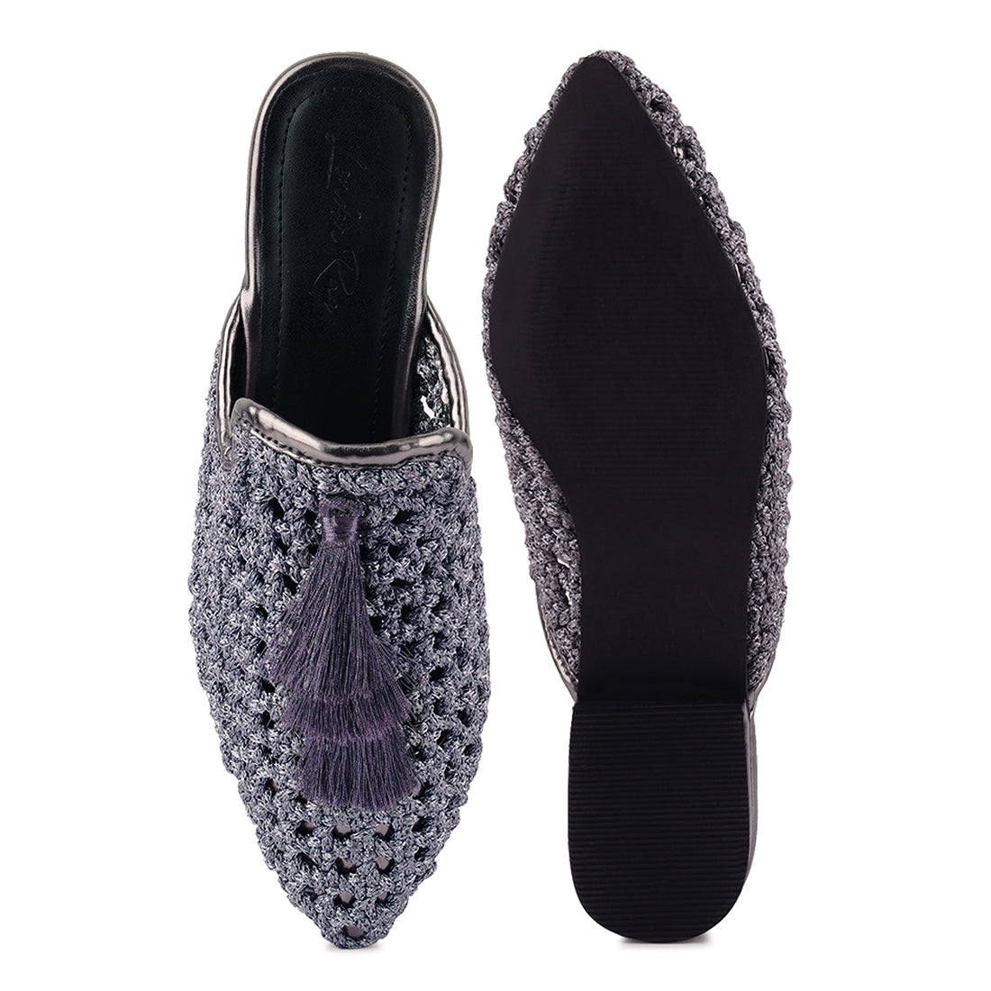 woven metallic tassel flat mules#color_grey
