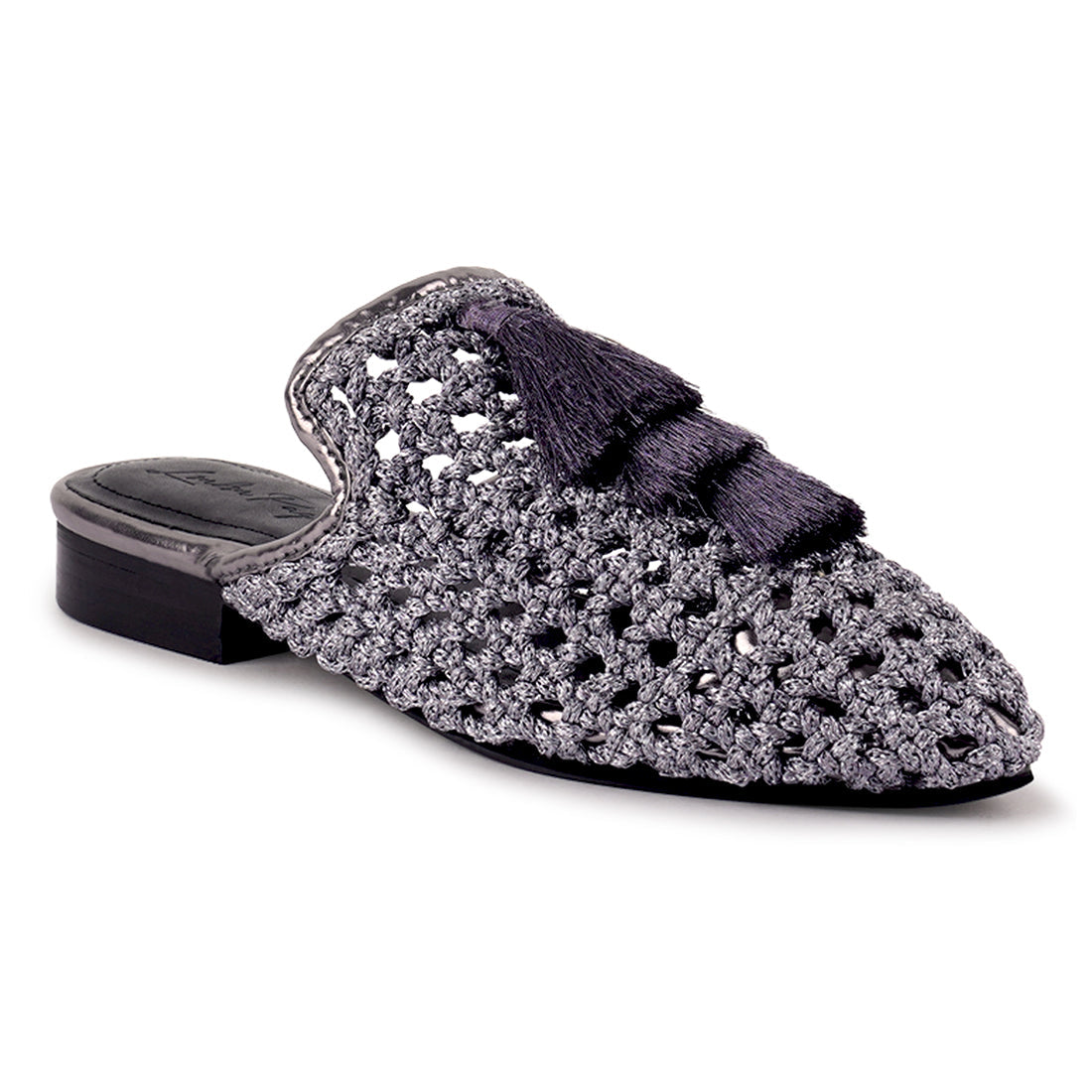 woven metallic tassel flat mules#color_grey