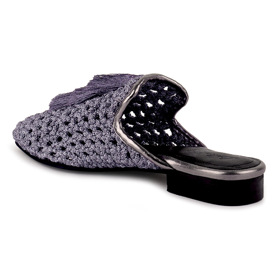 woven metallic tassel flat mules#color_grey