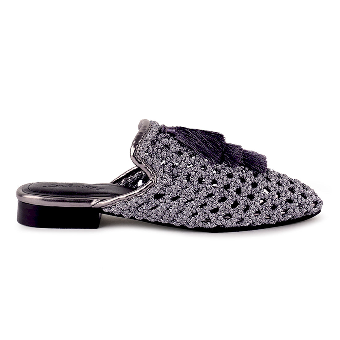 woven metallic tassel flat mules#color_grey