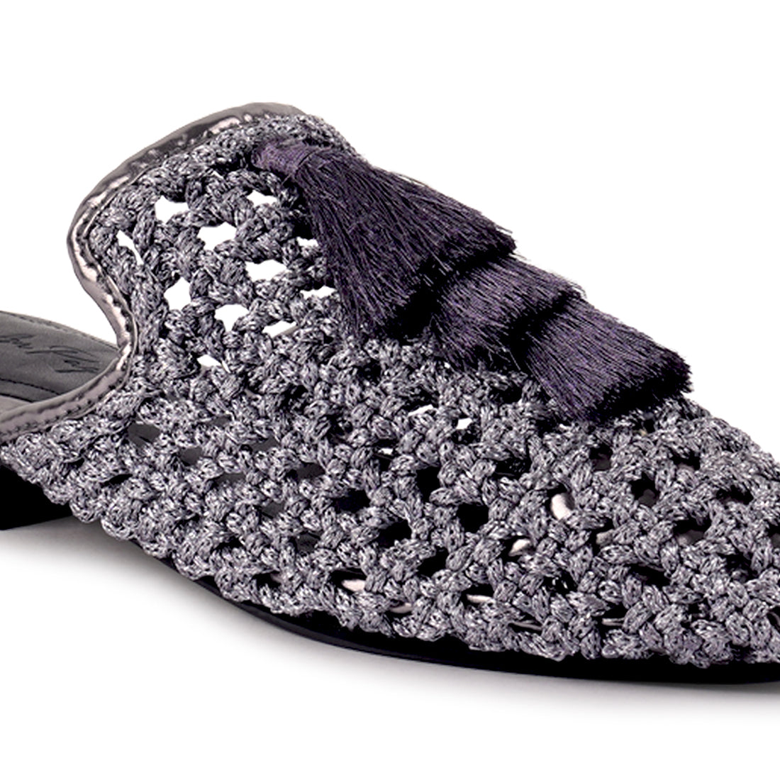 woven metallic tassel flat mules#color_grey