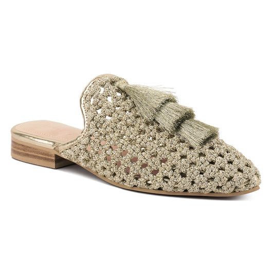 woven metallic tassel flat mules#color_gold