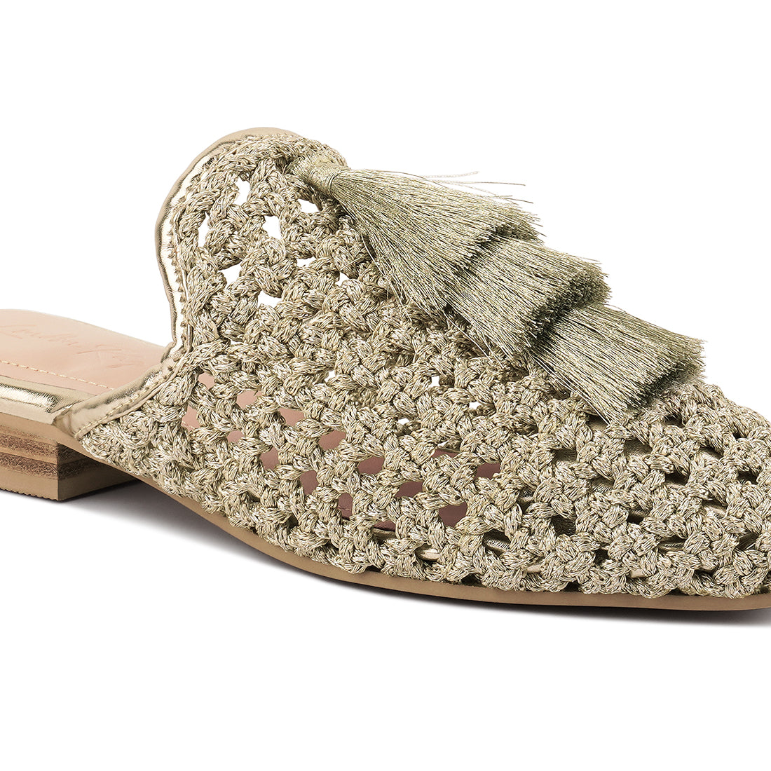woven metallic tassel flat mules#color_gold