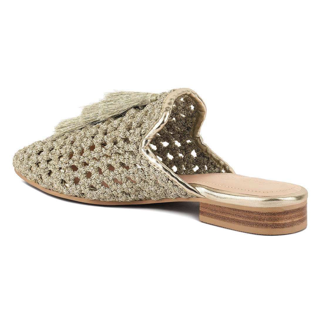 woven metallic tassel flat mules#color_gold