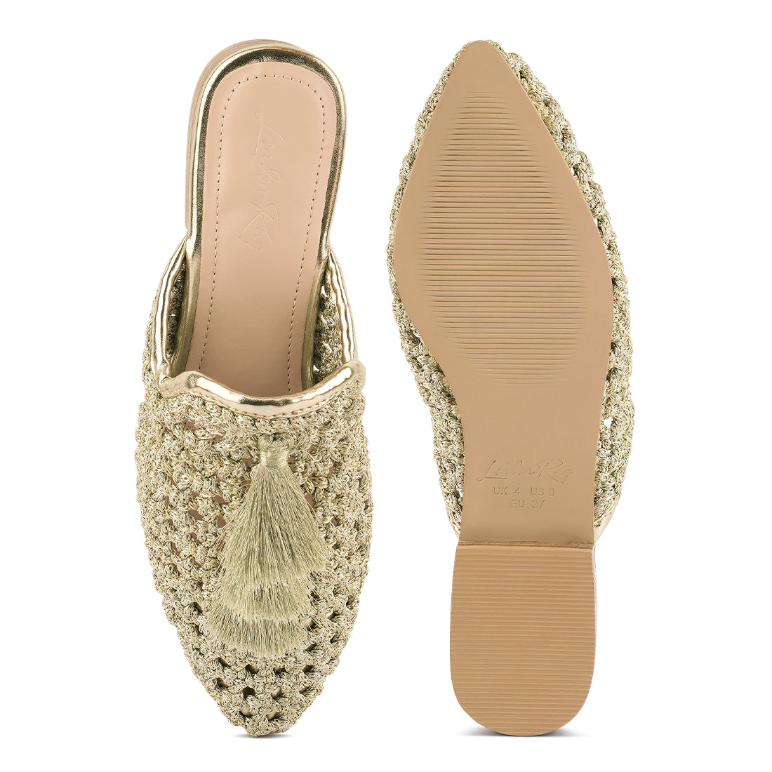 woven metallic tassel flat mules#color_gold