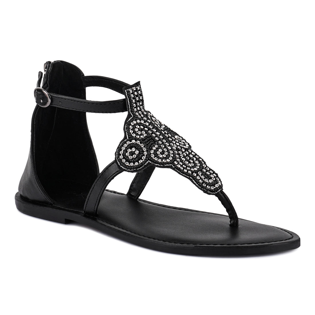 beads and rhinestones flat sandals#color_black