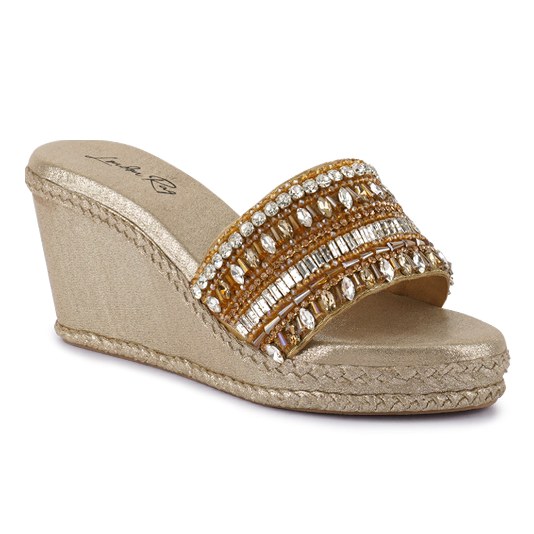 diamante embellished wedge sandals#color_gold