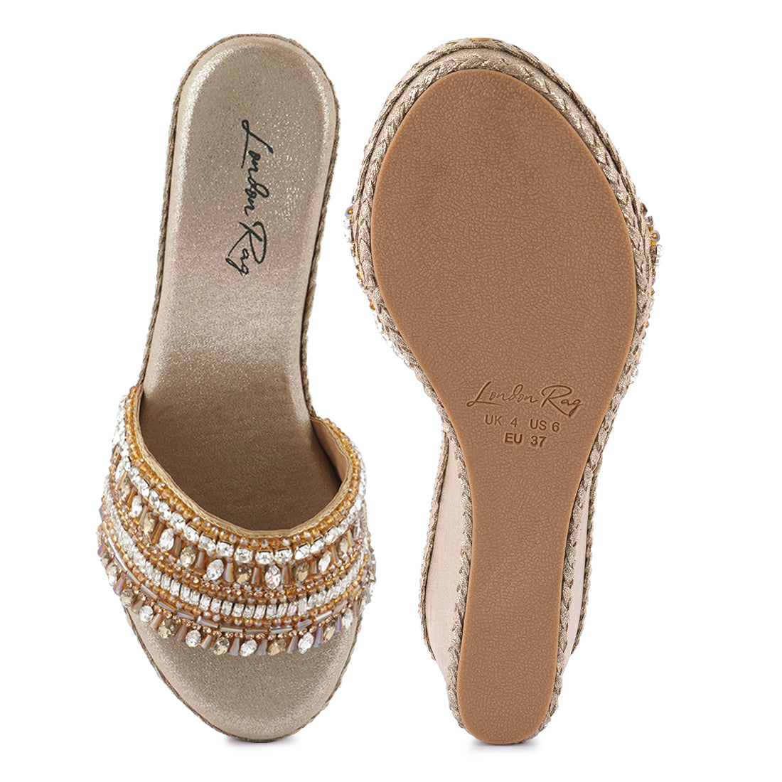 diamante embellished wedge sandals#color_gold