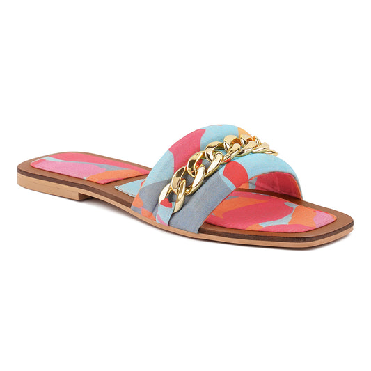 metallic chain detail flat sandals#color_multicolor