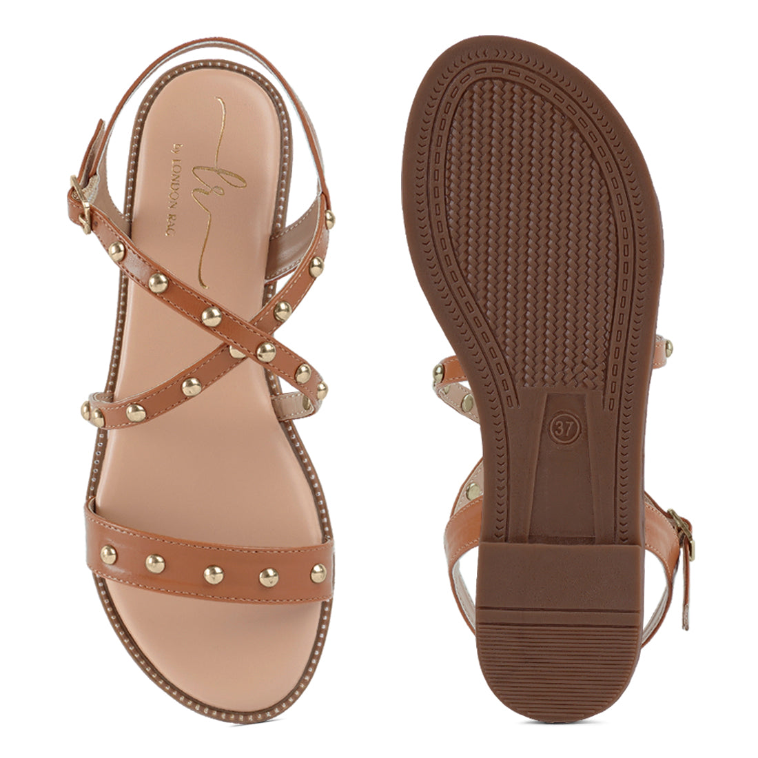 stud embellished strappy flats#color_tan