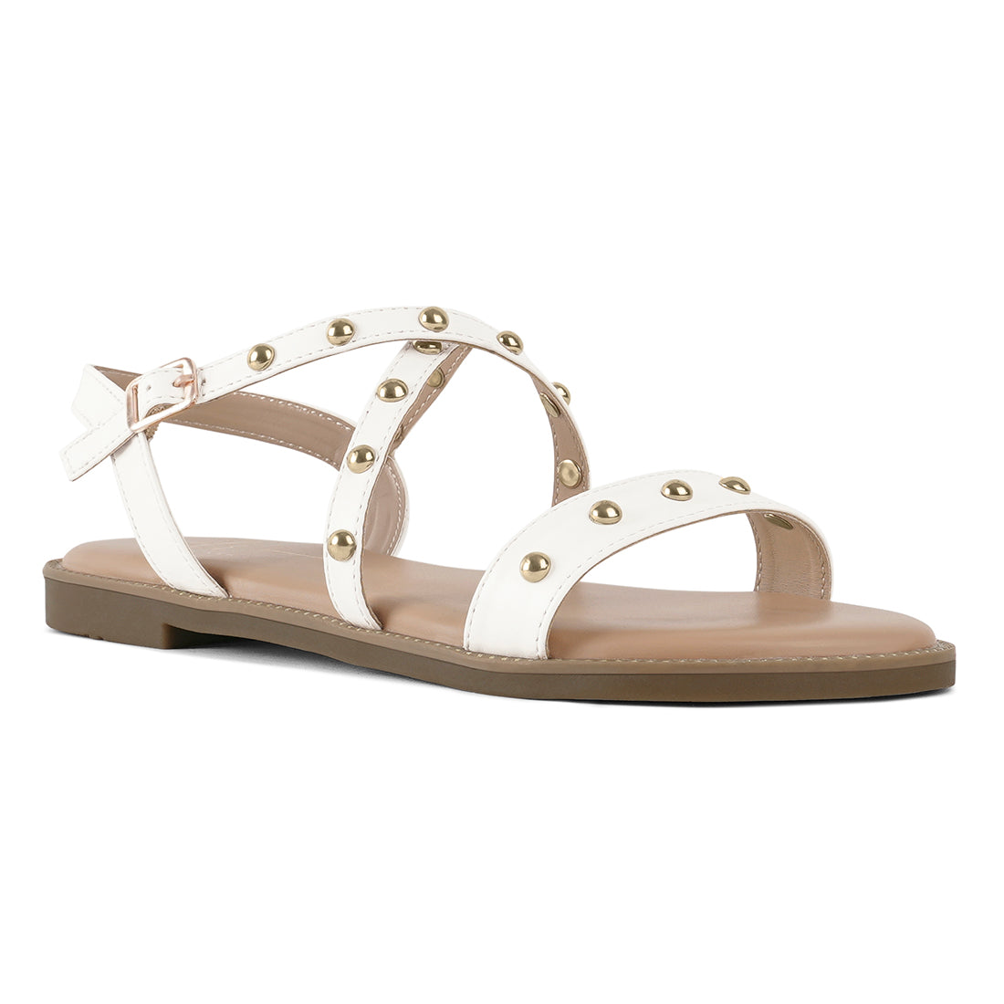 stud embellished strappy flats#color_white