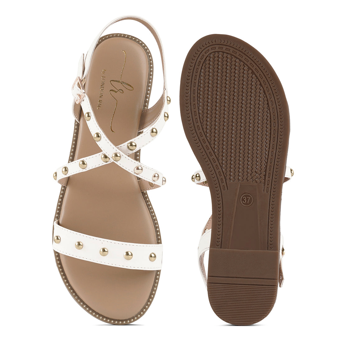 stud embellished strappy flats#color_white