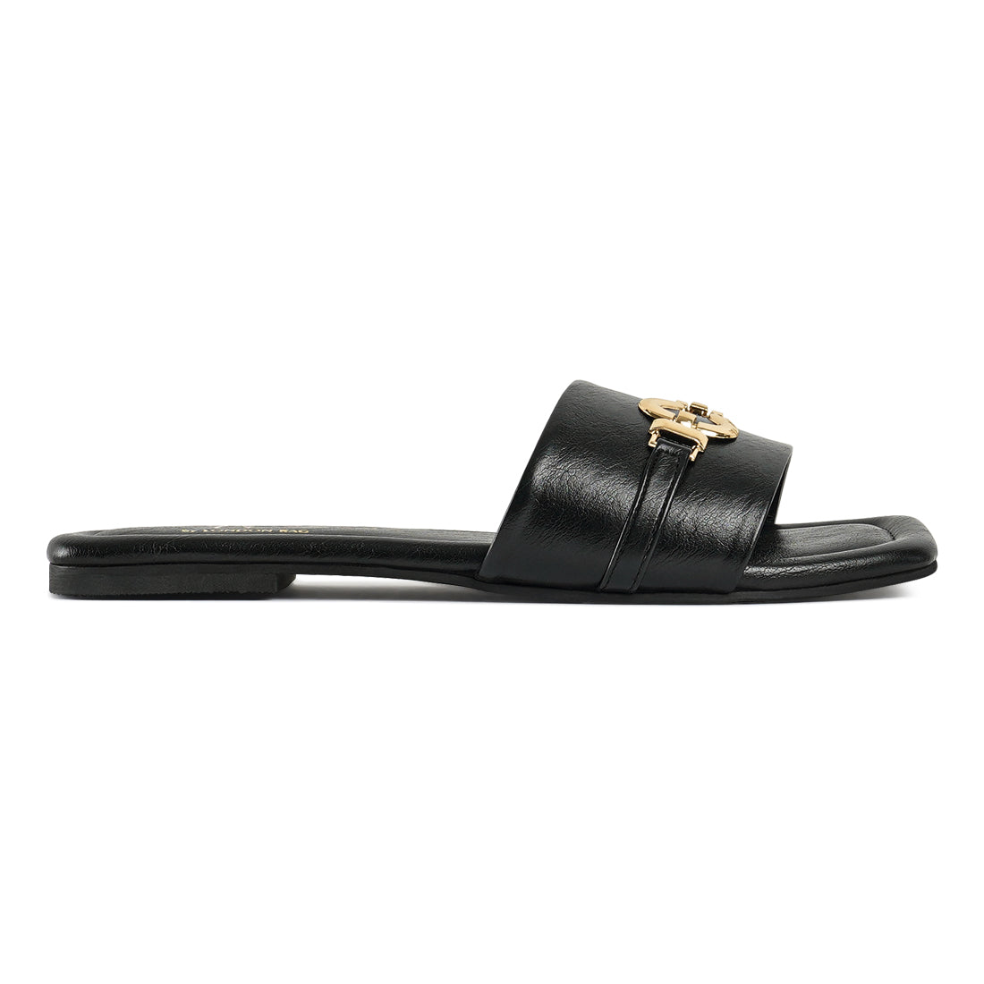 metallic buckle embellished slip ons#color_black