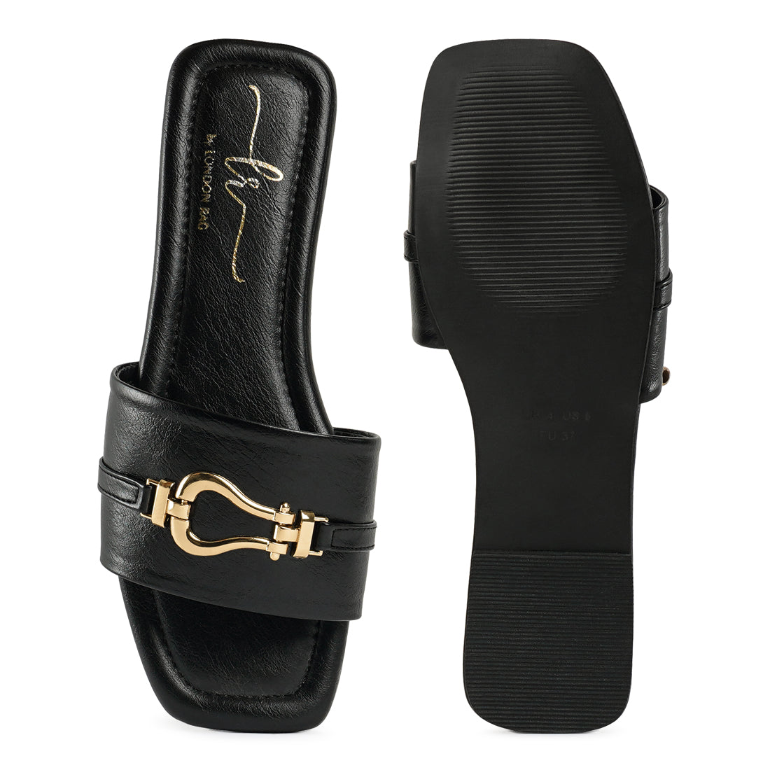 metallic buckle embellished slip ons#color_black