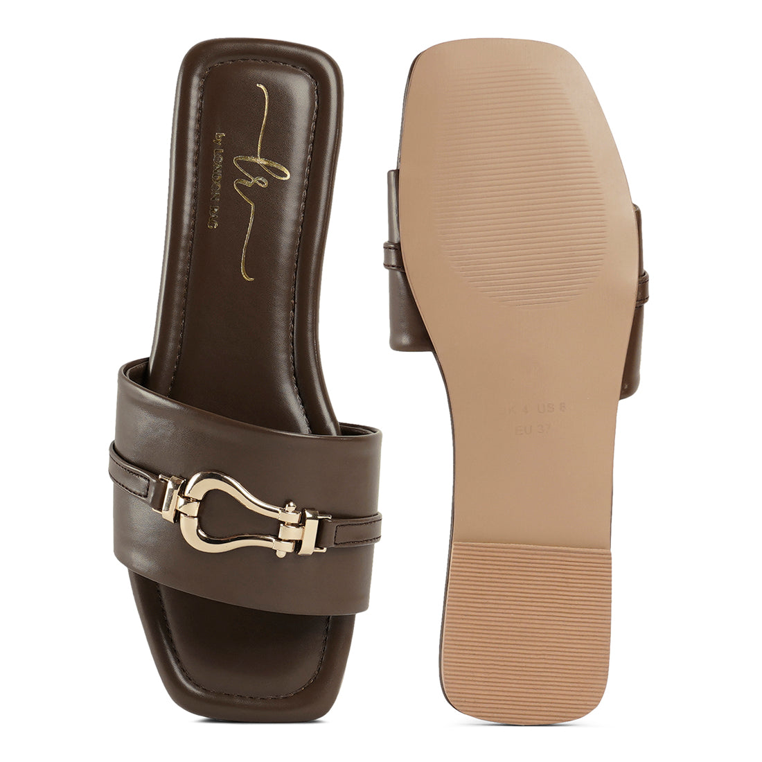 metallic buckle embellished slip ons#color_brown