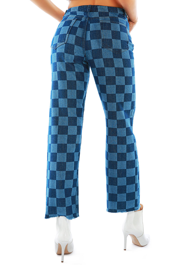 Blue Wide Leg Checkered Jeans Pants