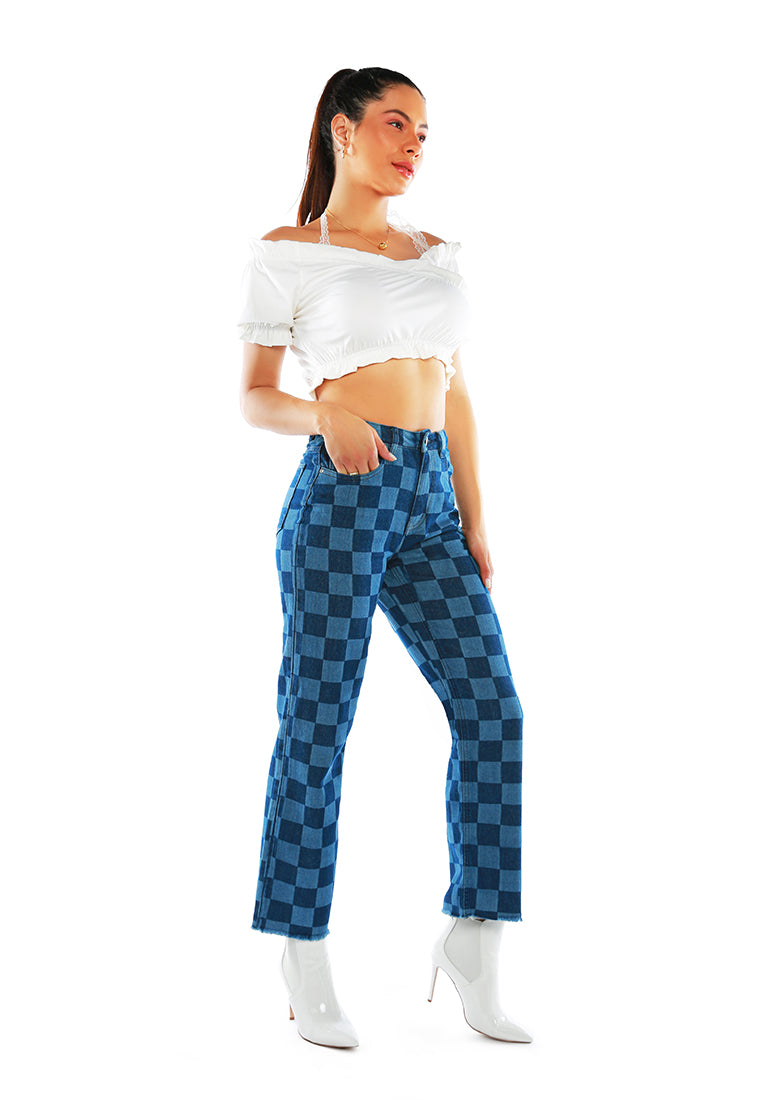 Blue Wide Leg Checkered Jeans Pants
