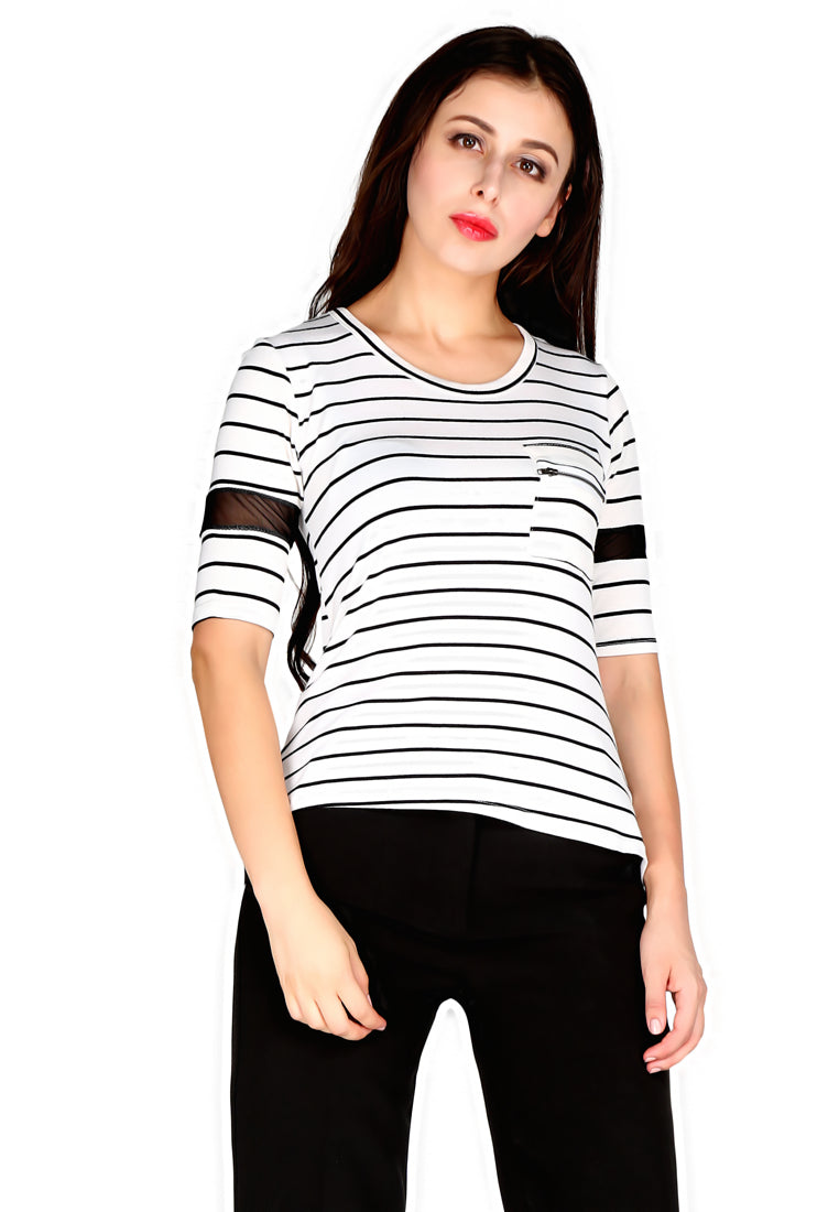 White Stripped Round Neck Top - White