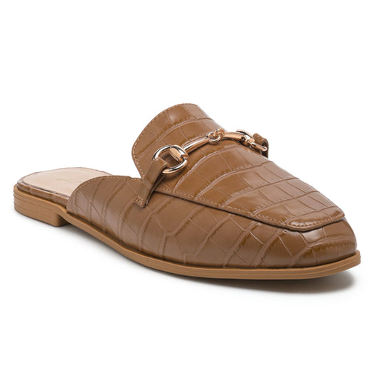 Buckled croc Mules in Taupe