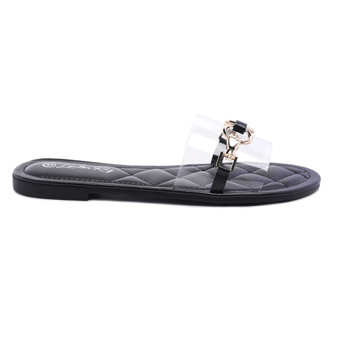 Clear Buckled Quilted Slides in Black - Black