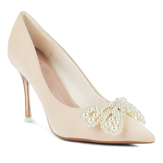 Beige Pointed High Heeled Pearl Flower Sandal