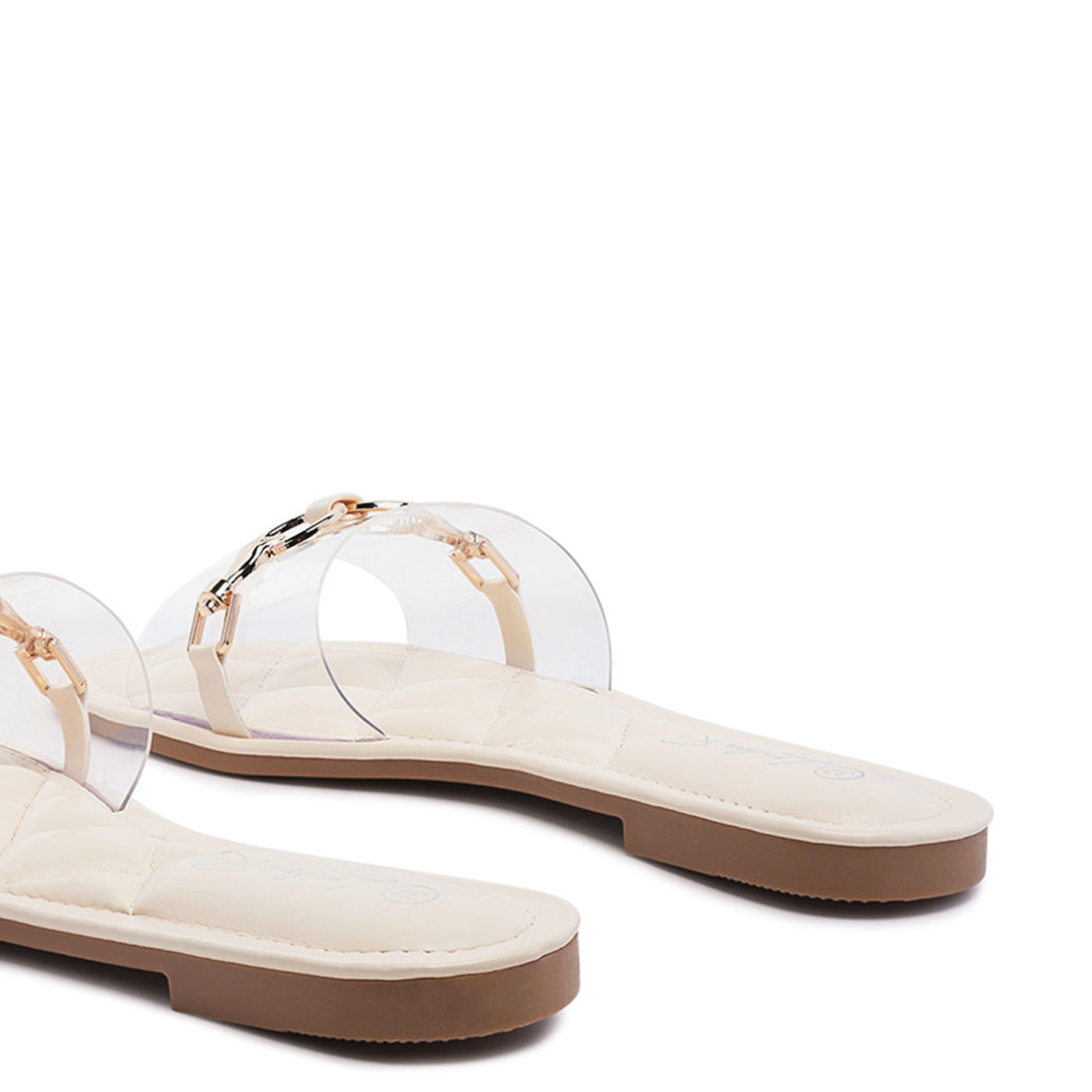 Clear Buckled Quilted Slides in Beige - Beige