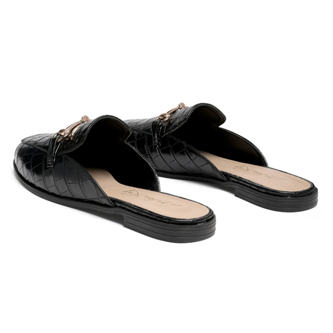 Buckled Faux Leather croc Mules in Black - Black