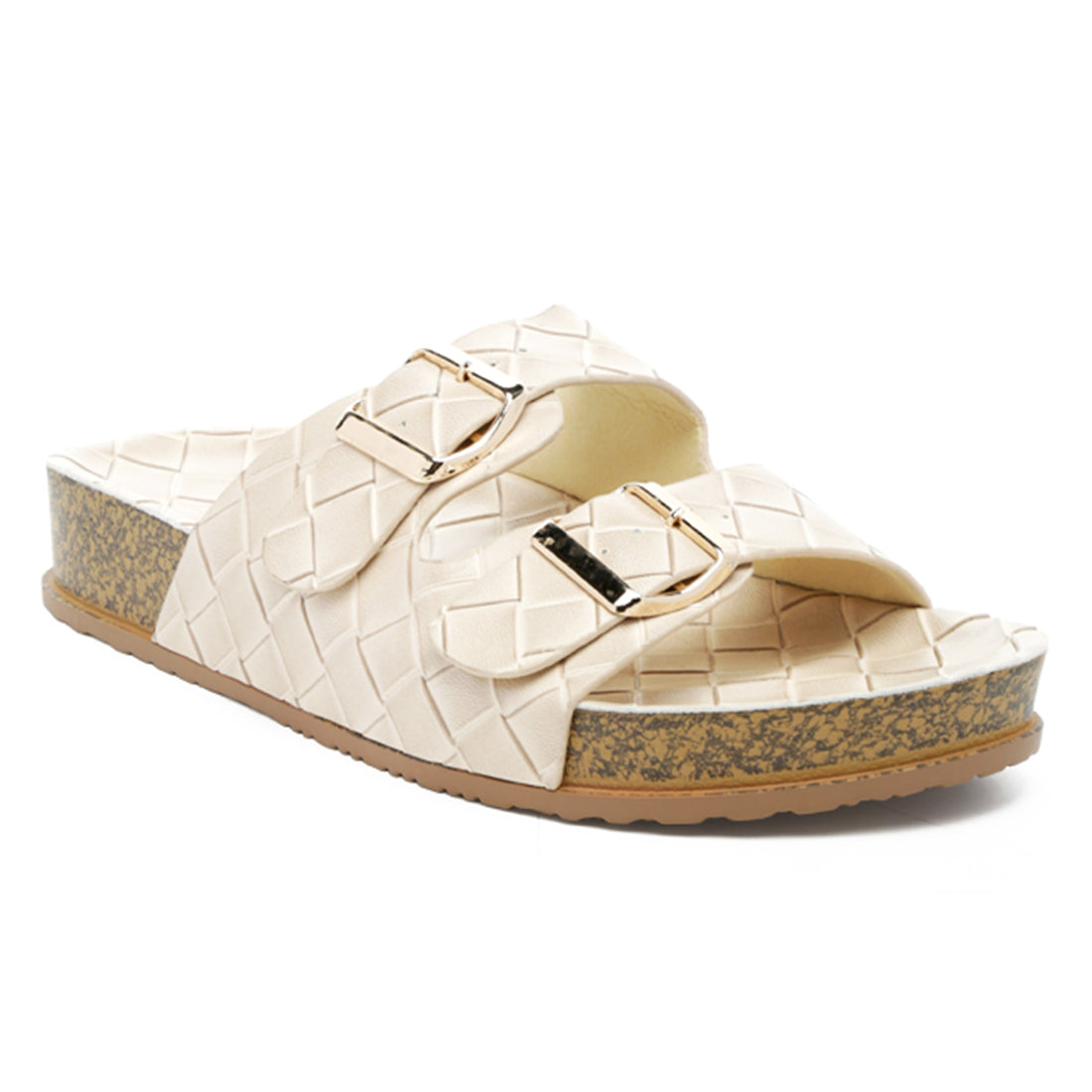Buckled Strap Croc Platform Slides in Beige - Beige