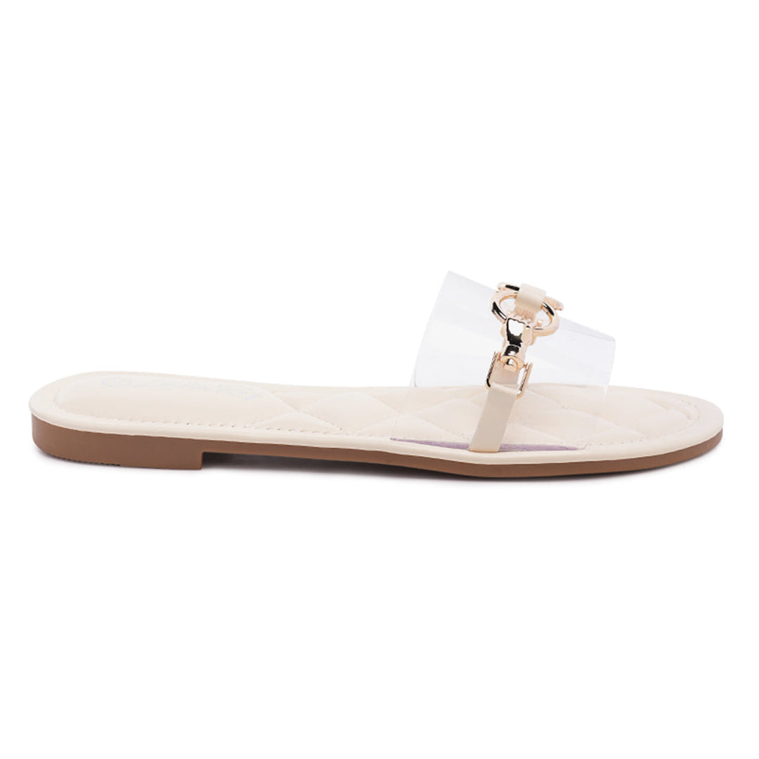 Clear Buckled Quilted Slides in Beige - Beige