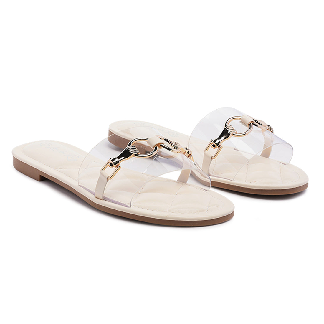 Transparent Buckled Quilted Slides in Beige