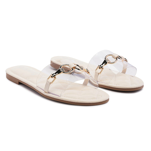 Transparent Buckled Quilted Slides in Beige