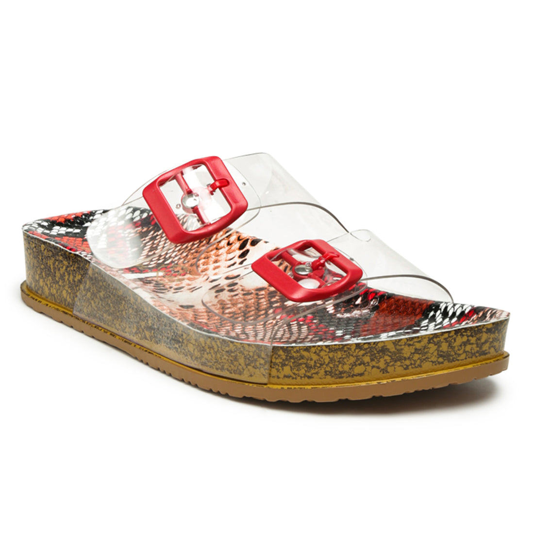 Gelato Buckled Strap Clear Platform Slides in Red - Red