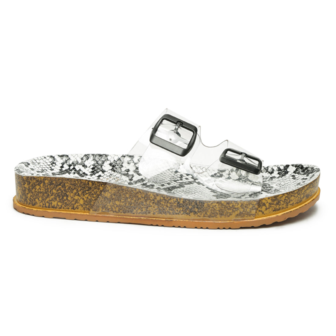 White Gelato Buckled Strap Clear Platform Slides - White