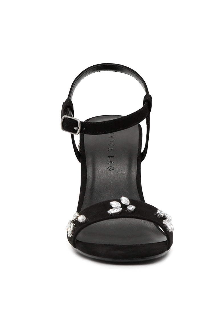 Black Embellished Ankle Strap Peep Toe Sandals - Black