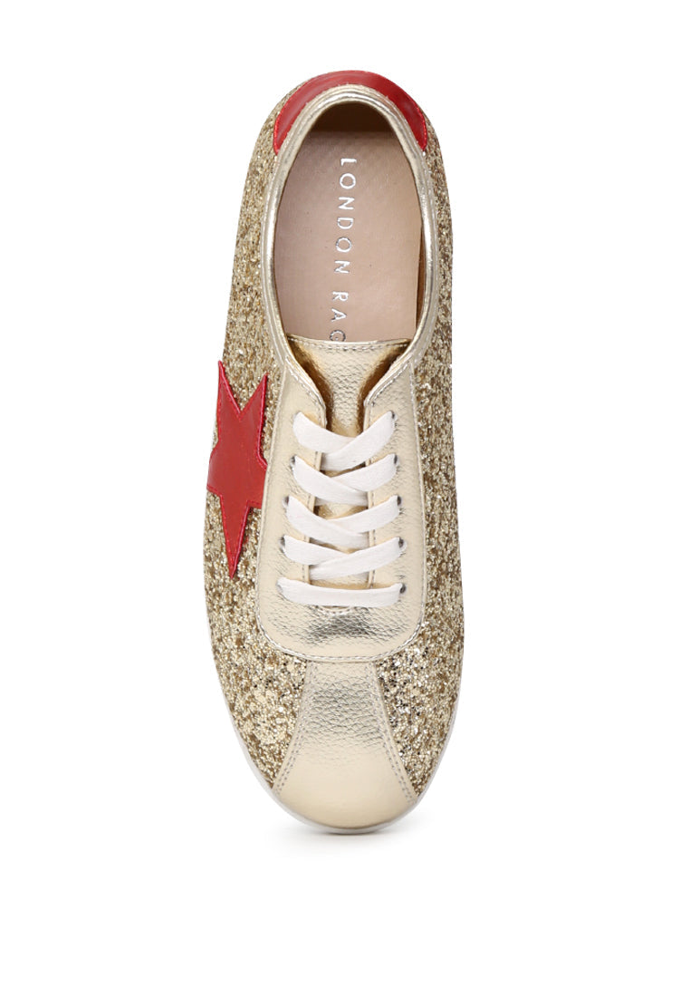 Gold Star Glitter Lace-Up Sneakers - Gold