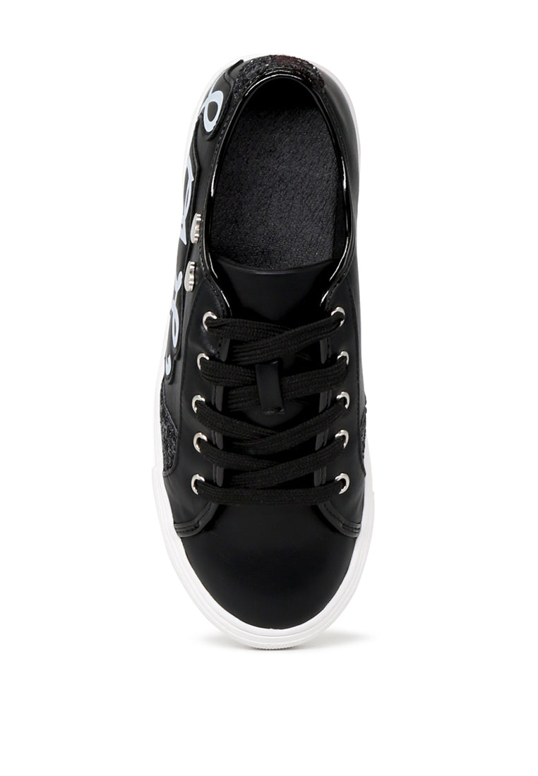 Black Love Print Lace-Up Sneakers - Black