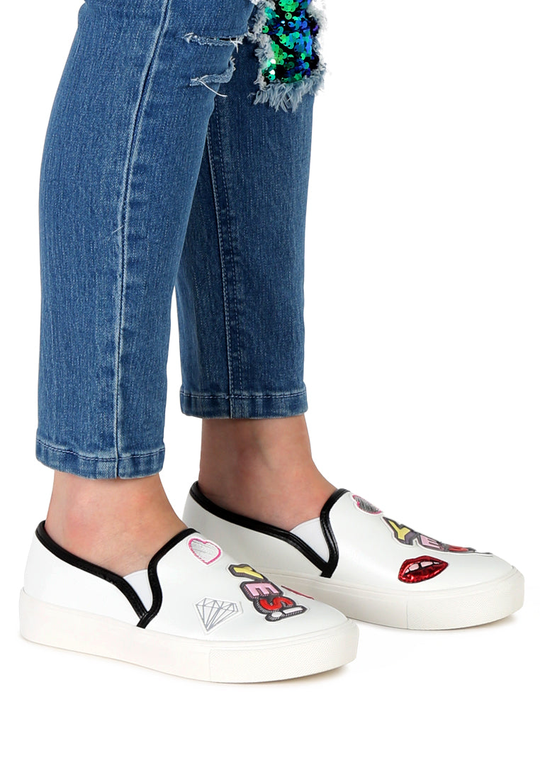 White Yes Print Slip-On Sneakers - White