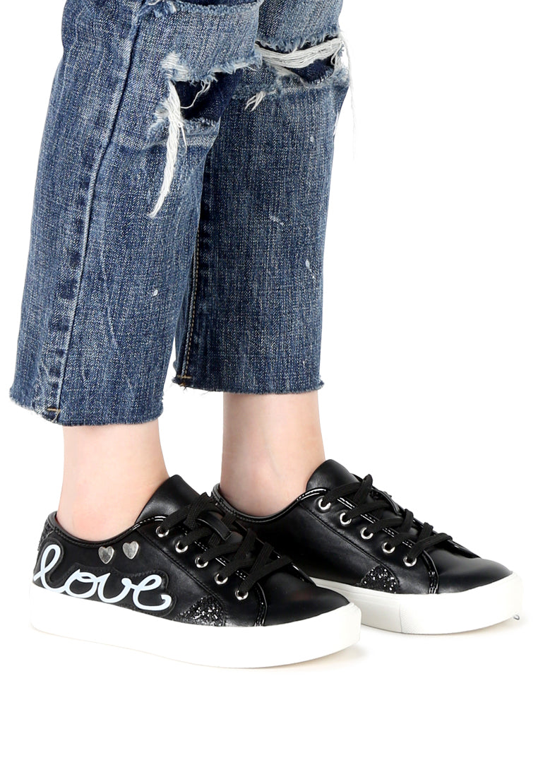 Black Love Print Lace-Up Sneakers - Black