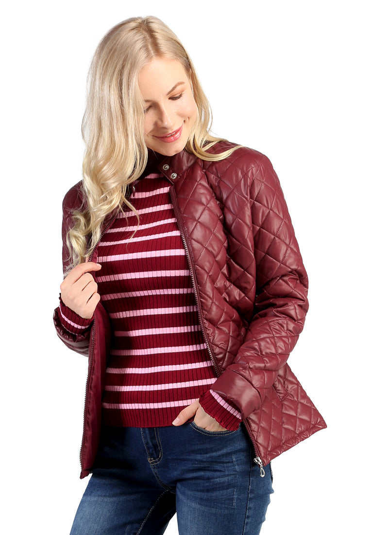 Burgundy Puffer Jacket with Zip Closure - Burgundy